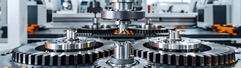 Dynamic angle on machine gears interlocking in perfect sync, symbolizing reliability and highperformance in modern machinery