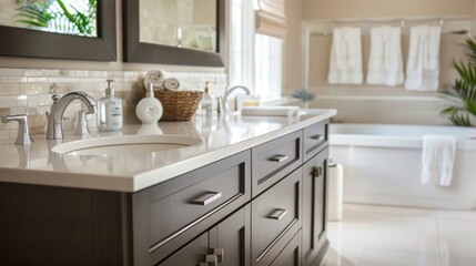 A practical, family-friendly bathroom with a double sink vanity, durable tiles, and plenty of storage for towels and toiletries. --ar 16:9 --style raw Job ID: c9ff44ab-1e7c-435a-a962-1fc56c52d3cc