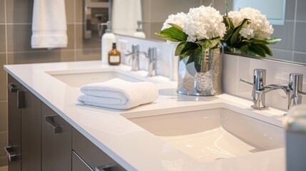 A practical, family-friendly bathroom with a double sink vanity, durable tiles, and plenty of storage for towels and toiletries. --ar 16:9 --style raw Job ID: c9ff44ab-1e7c-435a-a962-1fc56c52d3cc