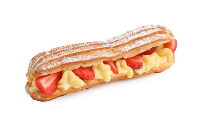 Delicious eclair filled with cream and strawberries isolated on white