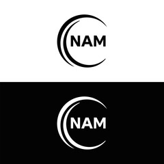 NAM logo. N A M design. White NAM letter. NAM, N A M letter logo design. N A M letter logo design in FIVE, FOUR, THREE, style. letter logo set in one artboard. N A M letter logo vector design.	
