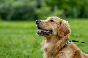 Obraz premium Charming golden retriever sits calmly in a lush green park, with a soft focus on the background, embodying tranquility and the joyful simplicity of a dog's life
