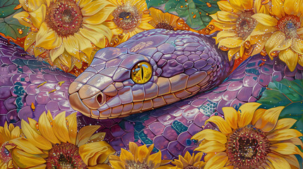 In the heart of the painting rests a snake with soft purple hues, its eyes gleaming in gold. Bright colors surround it, with vibrant yellow sunflowers encircling the serpent