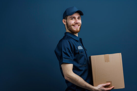 Cheerful young delivery courier in blue uniform and cap holding a cardboard box with a friendly smile against a dark background