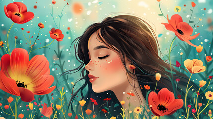 illustration of young woman on the flowers background
