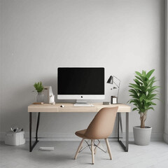 The environment includes a minimalist desk, stylish chair, and subtle decorative elements, providing a professional and clean look. Perfect for showcasing digital products, websites, or branding.