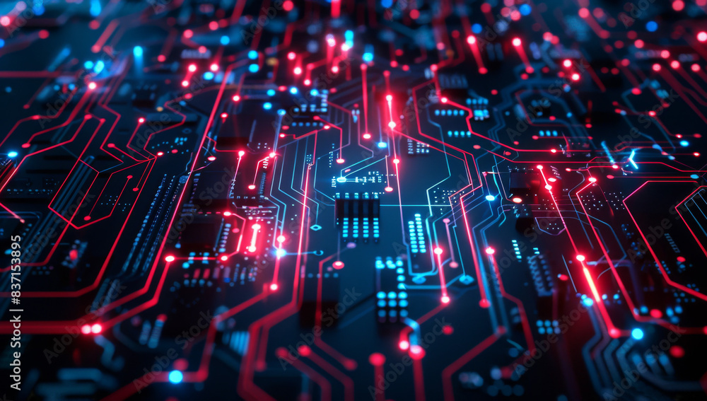 Poster a hightech background featuring an intricate circuit board with glowing red and blue elements.