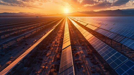 A vast solar farm in the desert, with rows of solar panels capturing the sun's energy, highlighting sustainability and technological advancement. 