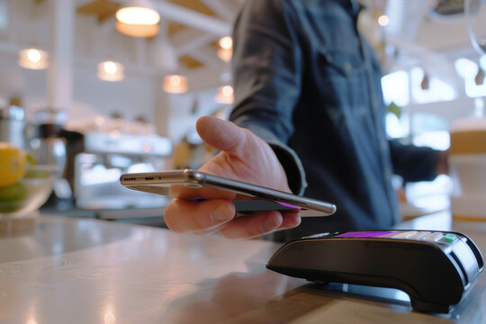 Customer using nfc technology on their smartphone to make a contactless payment at a modern store checkout terminal