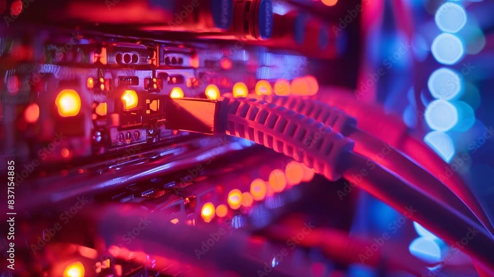 Poster closeup of network cables plugged into server in data center information technology