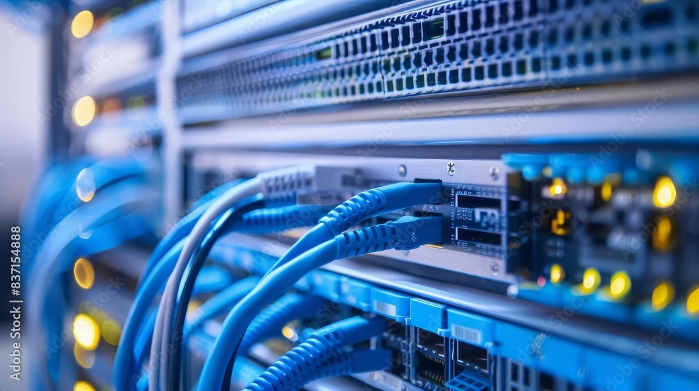 Poster closeup of network server switches with connected cables modern data center infrastructure