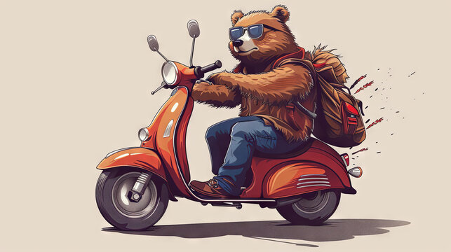 cute cool bear rides on scooter, illustration, light background