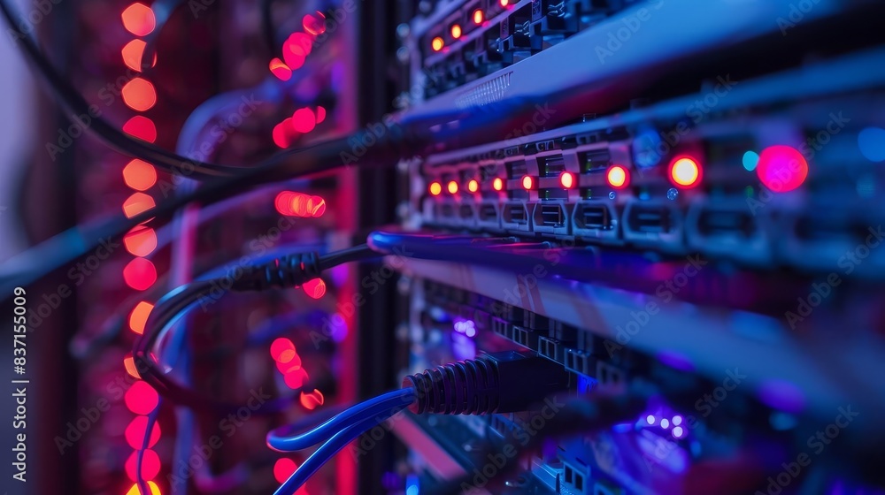 Aufkleber closeup of network server switches with connected cables modern data center infrastructure
