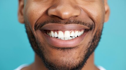 Naklejka premium closeup portrait of happy man with perfect white teeth smiling dental health and hygiene