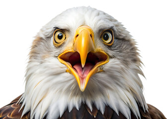 Fototapeta premium Close up portrait of a surprised bald eagle WHITE BACKGROUND. AI GENERATED