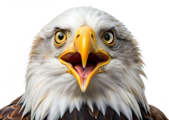 Close up portrait of a surprised bald eagle WHITE BACKGROUND. AI GENERATED