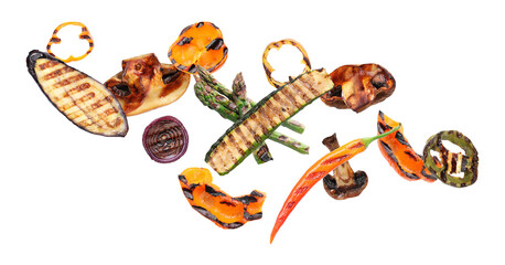 Delicious grilled vegetables in air on white background