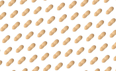 Pattern of unpeeled peanuts on white background