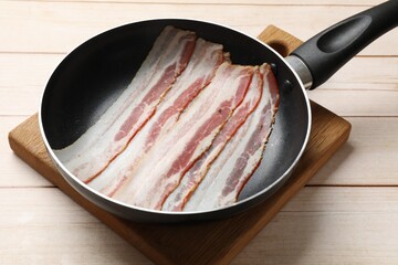 Slices of raw bacon in frying pan on wooden table, closeup