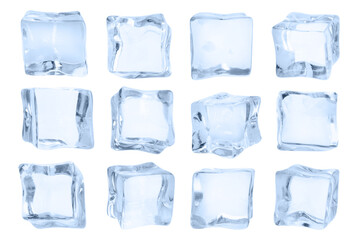 Crystal clear ice cubes isolated on white, set