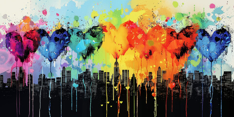 Colorful hearts made of paint dripping on the wall, forming an urban street art style mural with city skyline silhouettes