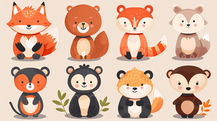 Obraz premium Cute animal character set with foxes, bears, and monkeys in a playful style