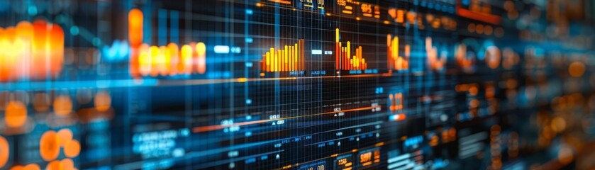 Obraz premium Closeup of a sophisticated financial data visualization wall, illuminated with dynamic charts and graphs, symbolizing modern business intelligence