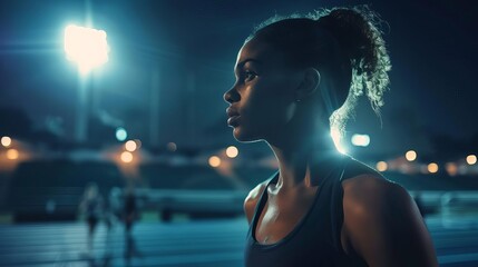 determined female athlete training intensely in illuminated stadium at night sports