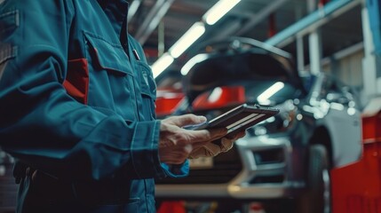 diagnostic expertise mechanic in work overalls performing vehicle diagnosis with connected tablet concept photo