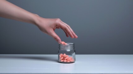hand stretched out to a jar of pills, against the backdrop of a gray and dull room interior, which reflects the search for help in medications in the fight against depression. --no text, titles, hands
