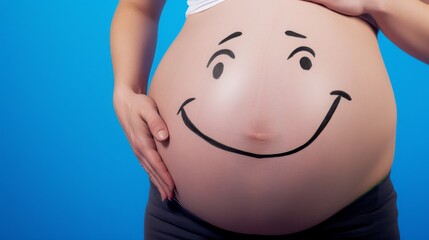 Drawing of a smiley face on the belly of a pregnant woman, close-up, front view. blue background --no text, titles, hands --ar 16:9 --quality 0.5 --stylize 0.