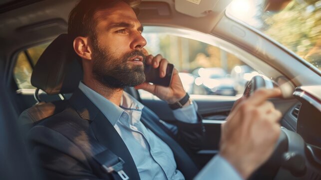 distracted businessman talking on cell phone while driving dangerous multitasking concept