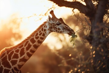 Obraz premium Majestic giraffe peacefully feeding on leaves in the tranquil african savanna during the serene and elegant golden hour sunset, creating a stunning silhouette against the vibrant orange sky