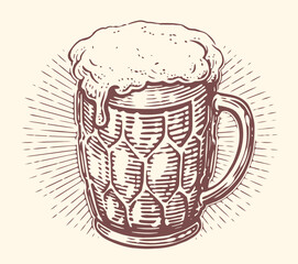 Glass mug of lager foamy beer. Alcoholic drink. Hand drawn sketch vector illustration for pub or restaurant menu