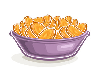 Vector logo for Carrot, decorative horizontal poster with outline illustration of yellow carrot still life in purple bowl, cartoon design vegetable print with young crunchy carrots on white background