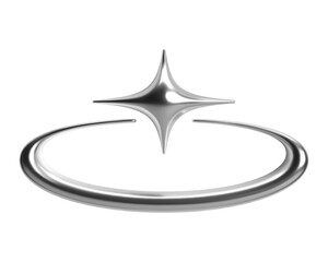 3d chrome star with crescent arc in futuristic cyber space y2k style. Isolated vector element spark or flash shape, shiny metallic glossy silver surface, ideal for celestial, cosmic, galactic themes