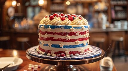 A patrioticthemed cake decorated with stars and stripes