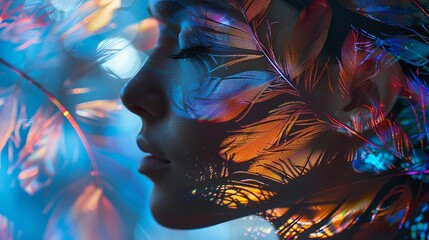 Naklejka premium A woman's profile, her face obscured by a flurry of colorful feathers, bathed in ethereal blue light.