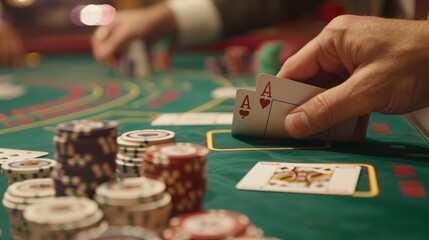Fototapeta premium Blackjack player holding winning cards and chips in casino 