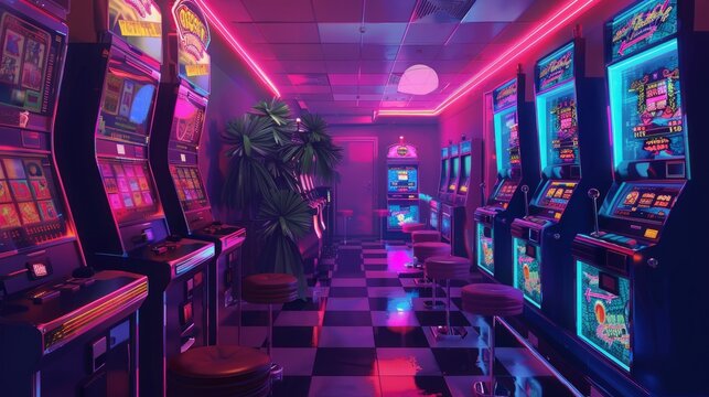 Deserted slot machine area inside a luxurious casino	