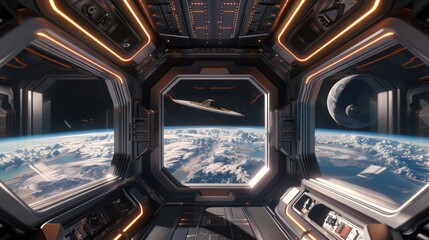 In this  3D rendering of a spaceship interior, we gaze out through large windows to behold the breathtaking view of Earth below.