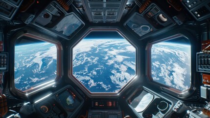 In this  3D rendering of a spaceship interior, we gaze out through large windows to behold the breathtaking view of Earth below.