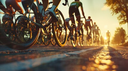 Fototapeta premium Competitive Cycling Close-Up Group of Cyclists in Professional Gear Riding on Open Road, Highlighting the Dynamics of a Road Race