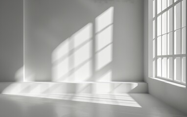 Fototapeta premium An Abstract White Background with a Soft Shadow and Light from the Window, Featuring Sunlight on the Floor and a Simple Studio Room for Product Display Presentation Mockup in an Ecommerce Platform Sty