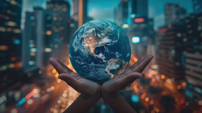 The globe of Earth rests in the hands of a person against the backdrop of a bustling night city.
