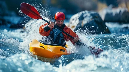 Zelfklevend Fotobehang extreme kayaking adventure on turbulent river rapids action sports photography © Bijac