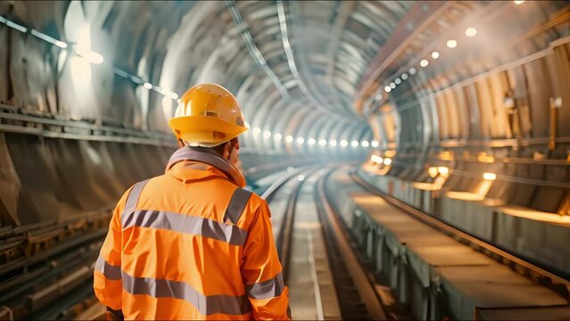 An inspector or engineer entering a railroad tunnel to verify installation work during the building phase