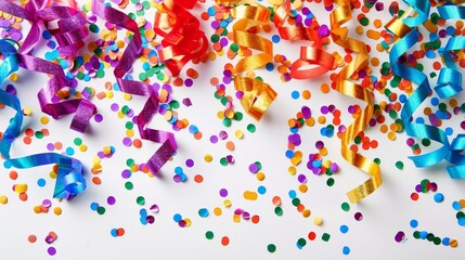 Obraz premium festive confetti and streamers in vibrant colors on white background party decoration