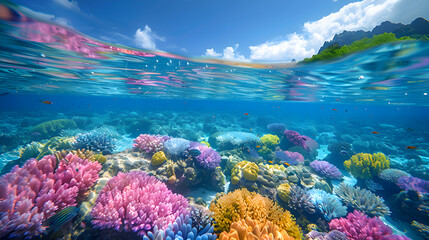 Naklejka premium A vibrant nature atoll landscape with colorful coral reefs visible through the clear water