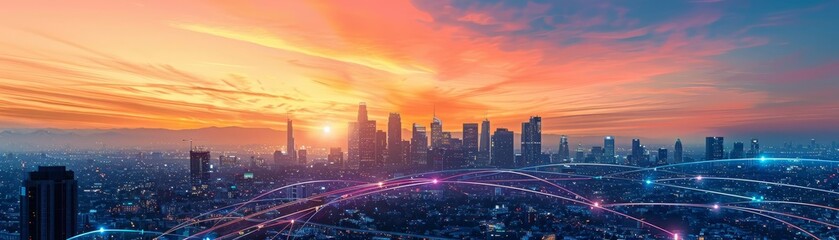 Obraz premium A vibrant cityscape at sunset, overlaid with dynamic data flow lines, symbolizing the pulse of smart city innovations and connectivity
